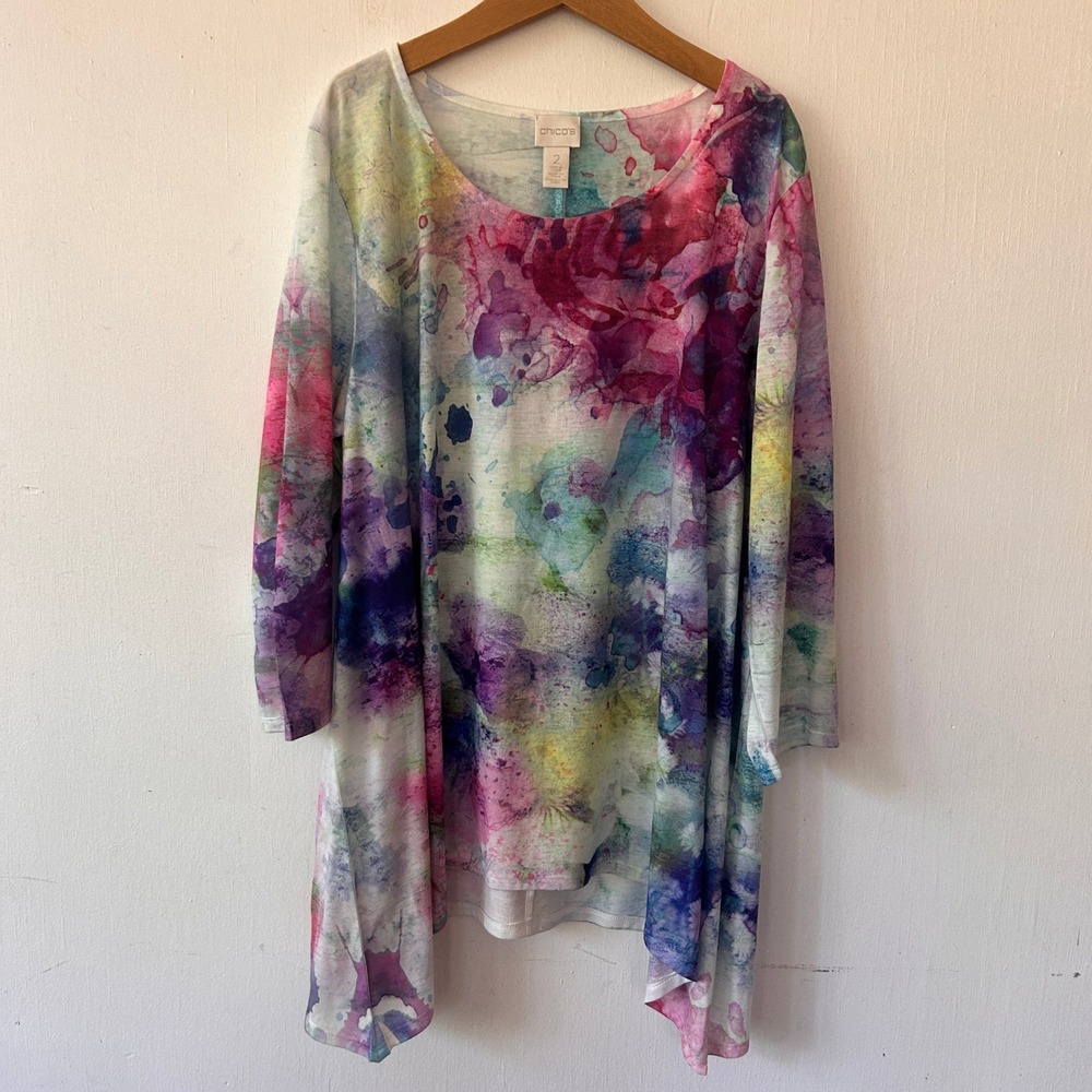 Chicos Tunic Top Women Large Multi Watercolor Sharkbite Hem Art to Wear